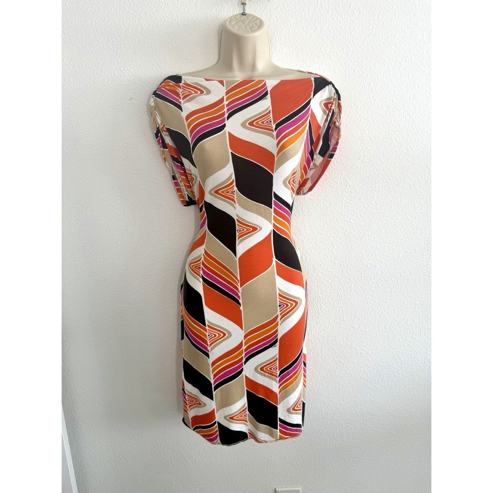 Trina Turk Shift Dress S Mini Bright Geometric Boatneck Mod Retro Resort Pucci